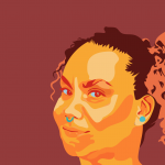 illustrated portrait of adrienne maree brown against maroon background.