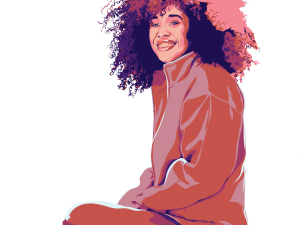 illustrated graphic portrait of rhiki sitting cross-legged and smiling at camera
